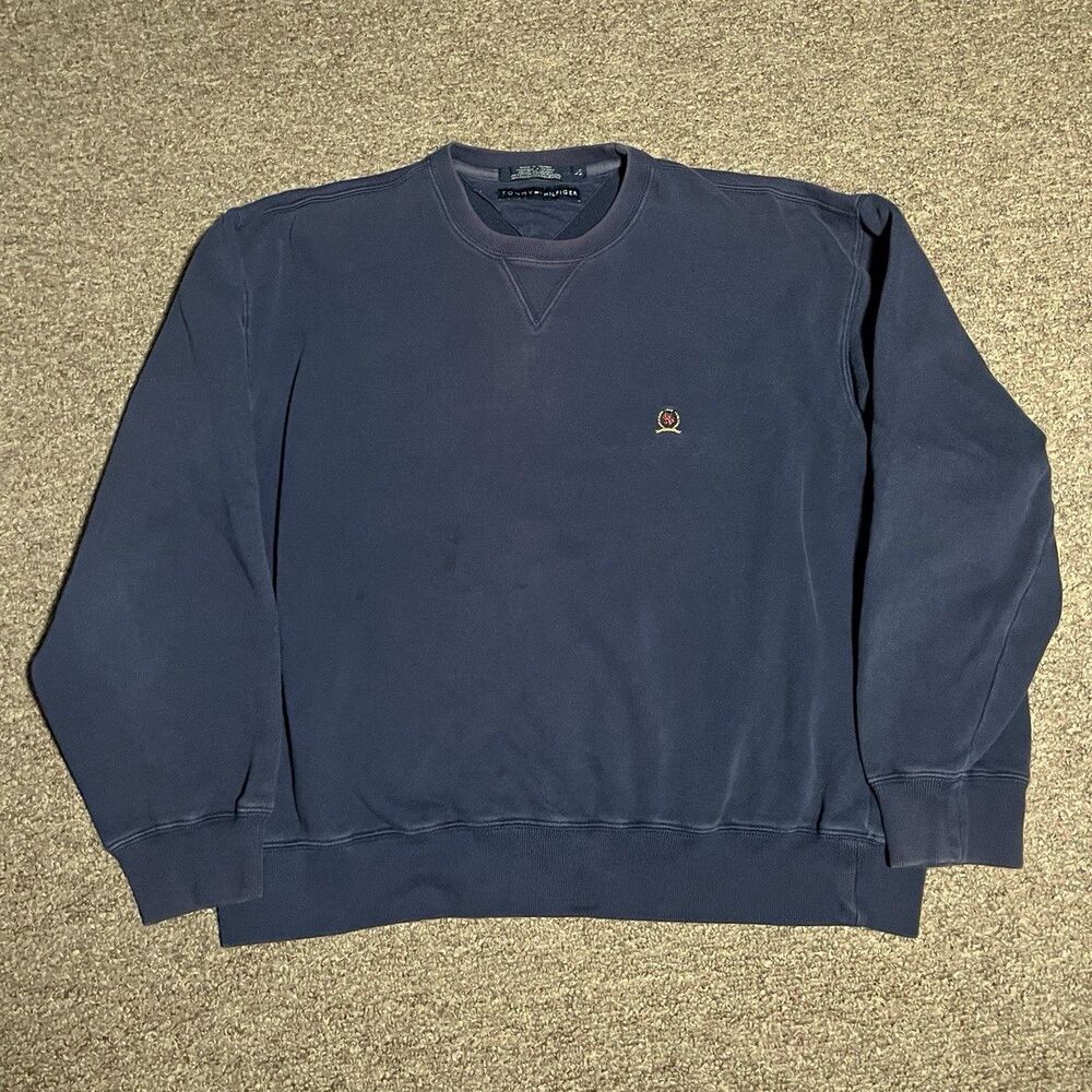 Tommy Hilfiger Men’s Navy Crew Neck Pullover Sweatshirt L Cotton Fleece Logo